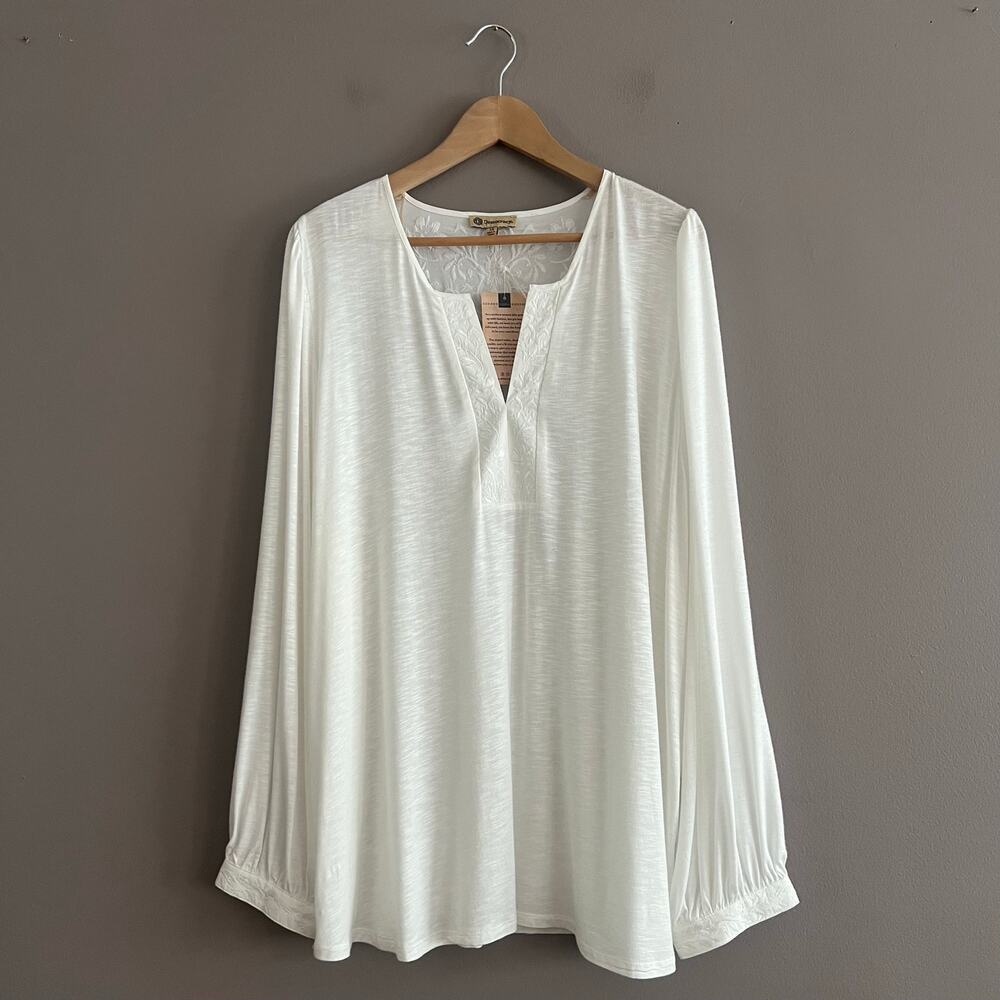 Democracy Boho White Pullover Blouse Sz 3XL Embroidered Cottagecore Long Sleeve